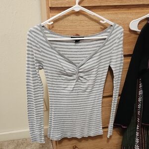 Express Gray and White Striped Long Sleeve Top